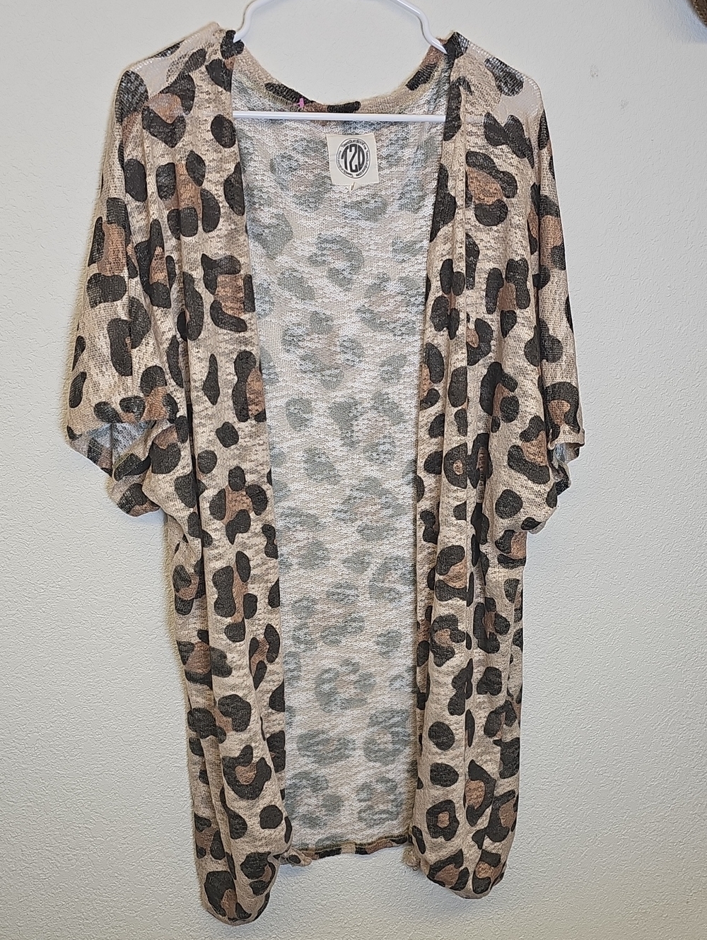 Leopard Print Open Front Kimono Cardigan - Neutral Tones Fits Med - 2XL